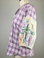 Vintage Embroidery Pouf Sleeve Blouse, Lavender Plaid